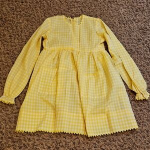 Vintage Yellow White Gingham Long Sleeve Dress Checker Handmade 70s Girls Kids